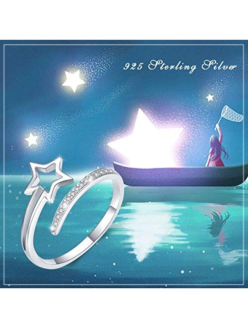 Star Ring,S925 Sterling Silver Lucky Star Open Ring for Women Falling Star Adjustable Thumb Ring Gift for Women Teen Girls