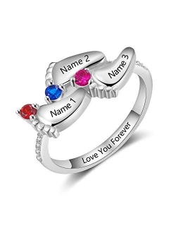 OPALSTOCK Personalized Mothers Ring with Simulated Birthstones Engraved Children Names Baby Feet Rings for Mom Newborn