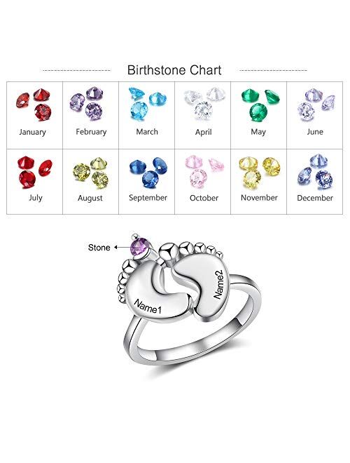 OPALSTOCK Personalized Mothers Ring with Simulated Birthstones Engraved Children Names Baby Feet Rings for Mom Newborn