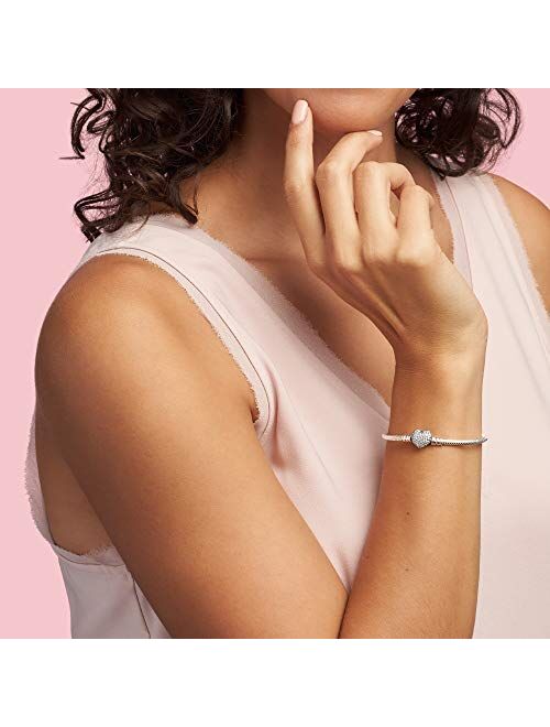 PANDORA Jewelry Moments Sparkling Heart Clasp Snake Chain Charm Cubic Zirconia Bracelet in Sterling Silver