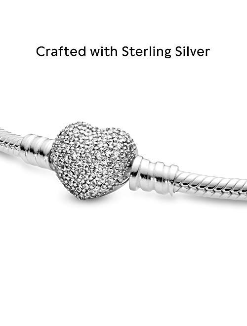 PANDORA Jewelry Moments Sparkling Heart Clasp Snake Chain Charm Cubic Zirconia Bracelet in Sterling Silver