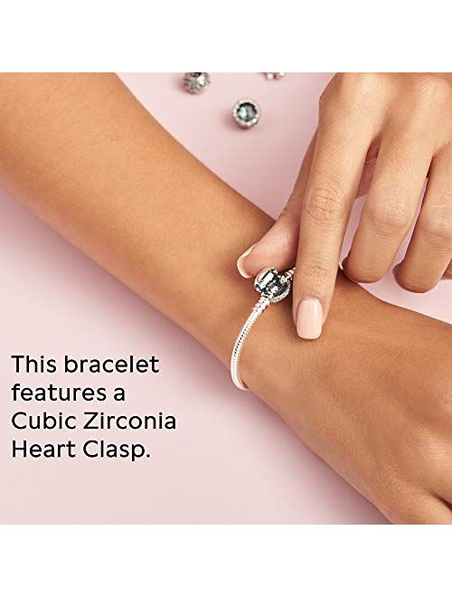 PANDORA Jewelry Moments Sparkling Heart Clasp Snake Chain Charm Cubic Zirconia Bracelet in Sterling Silver