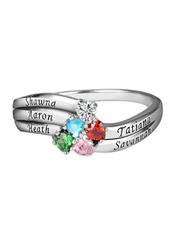 Quiges 925 Sterling Silver Mothers Birthstone Custom Personalised Engraved Name 5 Hearts Bands Ring