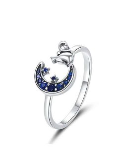 Presentski Cat Ring Adjustable Rings for Women Sterling Silver Moon and Star Open Ring for Women Girls