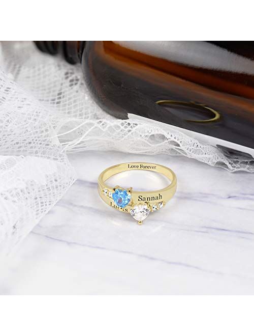 RESVIVI Sterling Silver Customized Name Rings with 2-5 Birthstones Engraving Personalized Stacking Name Rings