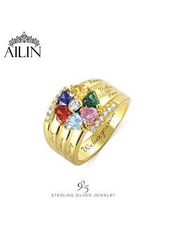 AILIN Personalized Mothers Rings with 7 Simulated Birthstones Rings for Mom Mothers Days Rings Family Name Rings for 7 Mother's Day Rings for Mom