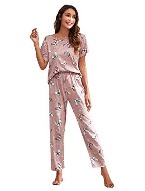 SweatyRocks Women's Pajama Set Cute Printed Short Sleeve Top and Long Pants Sleepwear Pjs Sets with Eye Mask
