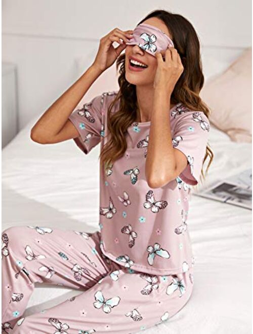 SweatyRocks Women's Pajama Set Cute Printed Short Sleeve Top and Long Pants Sleepwear Pjs Sets with Eye Mask