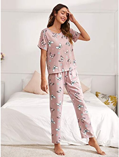 SweatyRocks Women's Pajama Set Cute Printed Short Sleeve Top and Long Pants Sleepwear Pjs Sets with Eye Mask
