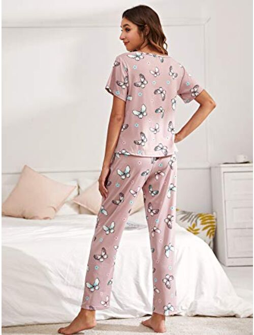 SweatyRocks Women's Pajama Set Cute Printed Short Sleeve Top and Long Pants Sleepwear Pjs Sets with Eye Mask
