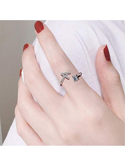 Haoze Initial Letter Ring for Women Girls Silver Stackable Alphabet Rings with Initial Adjustable Crystal Inlaid Initial Rings Bridesmaid Gift