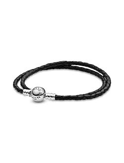 Jewelry Black Leather Charm Sterling Silver Bracelet