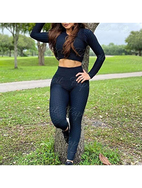 Fapreit Anti Cellulite Textured Lifting Leggings for Women Scrunch High Waist Yoga Pants Workout Honeycomb Ruched Tights