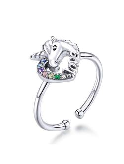 BAMOER Unicorn Ring 925 Sterling Silver Open Heart Rings for Women Teen Girls