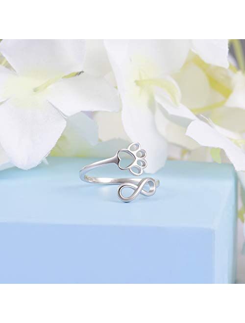 Pet Lovers PawPrint Love Heart Infinity Ring 925 Sterling Silver Open Adjustable Ring My Sweet Puppy We are Family Pet Animal Jewelry Dog Cat Claw Ring for Women Girls