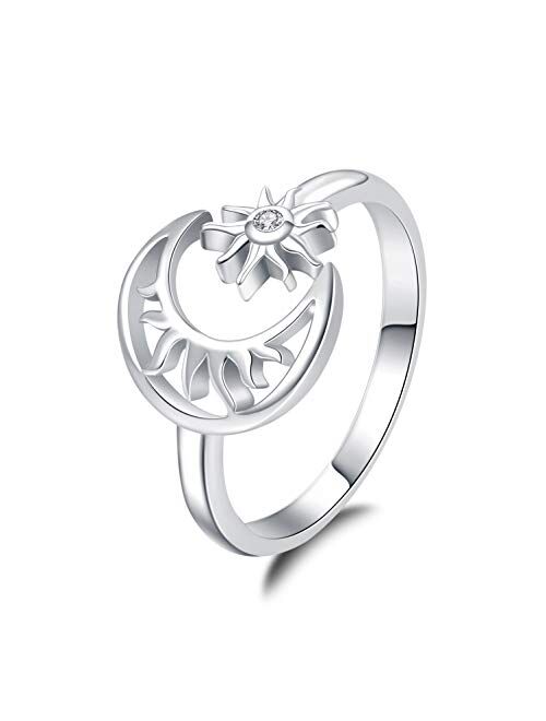 JXJL Sterling Silver Moon Sun Ring for Women Girls Crescent Moon&Star Adjustable Wrap Open Ring