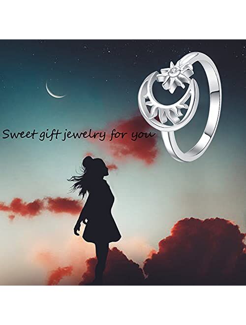 JXJL Sterling Silver Moon Sun Ring for Women Girls Crescent Moon&Star Adjustable Wrap Open Ring