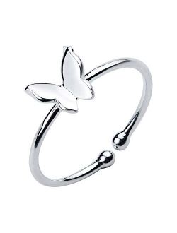Sterling Silver Dainty Butterfly Ring Minimalist Adjustable Open Tail Finger Stacking Band