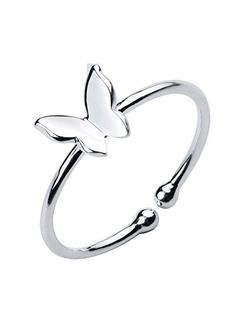 Kokoma Sterling Silver Dainty Butterfly Ring Minimalist Adjustable Open Tail Finger Stacking Band