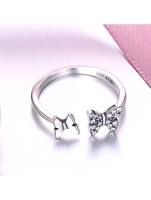 Sterling Silver 925 CZ Butterfly Ring Crystal Adjustable Open Rings Engagement Band Jewelry for Women Girls