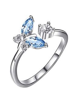 Dainty Butterfly Adjustable Rings for Women Girls Teen Cute Blue CZ Expandable Statement Band Toe Stacking Open Finger Ring Valentine's Jewelry Anniversary Birthday Gifts