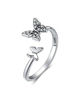 XOYOYZU 925 Sterling Silver Butterfly White Birthstone CZ Ring Expandable Open Rings Adjustable for Women Jewelry