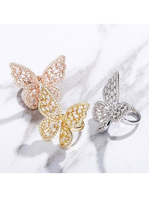 Ayaoch Sterling Silver Adjustable Butterfly Rings for Women Girls Cubic Zirconia Ring Jewelry
