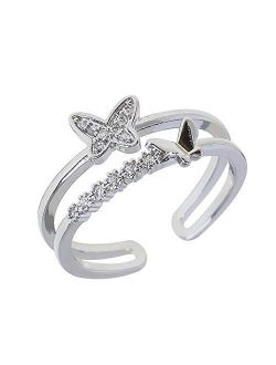 CZ Butterfly 925 Sterling Silver Ring for Women Girls Crystal Promise Statement Stacking Expandable Open Rings Adjustable Hand Made Jewelry Dainty Birthday Anniversary Ch