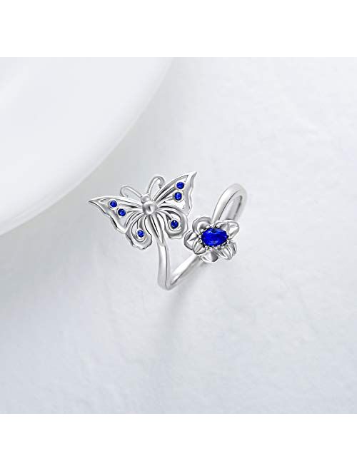 925 Sterling Silver Adjustable Butterfly/Dragonfly with Flower Ring, Made with Simulated Blue Sapphire Birthstone Crystal, Butterfly Jewelry Gifts for Women Teen Girls
