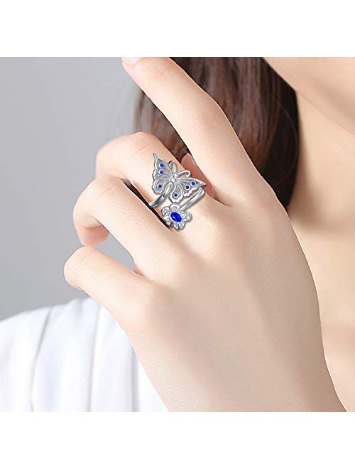 925 Sterling Silver Adjustable Butterfly/Dragonfly with Flower Ring, Made with Simulated Blue Sapphire Birthstone Crystal, Butterfly Jewelry Gifts for Women Teen Girls