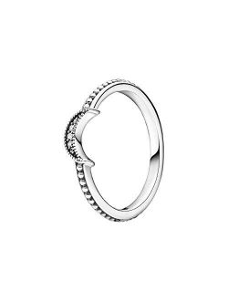 Crescent Moon Beaded, Clear CZ Ring