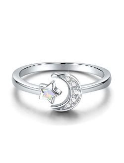 CUOKA MIRACLE Moon Ring, S925 Sterling Silver Crescent Moon and Star Ring Synthetic Opal Open Ring Adjustable Ring Gift for Women