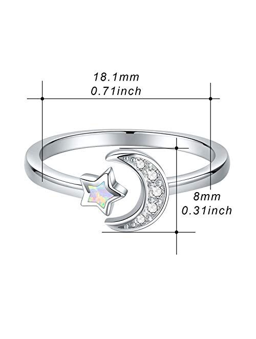 CUOKA MIRACLE Moon Ring, S925 Sterling Silver Crescent Moon and Star Ring Synthetic Opal Open Ring Adjustable Ring Gift for Women
