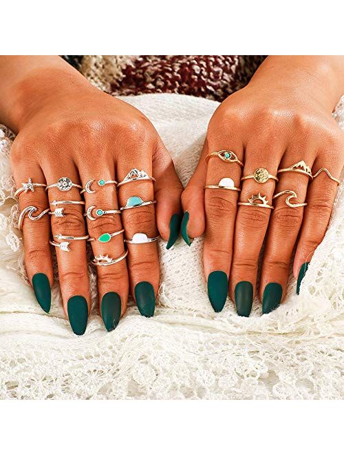 FUTIMELY 19PCS Boho Turquoise Knuckle Stacking Rings for Women Girls Vintage Stackable Star Moon Wave Peak Sea Rhinestone Joint Midi Finger Rings Set
