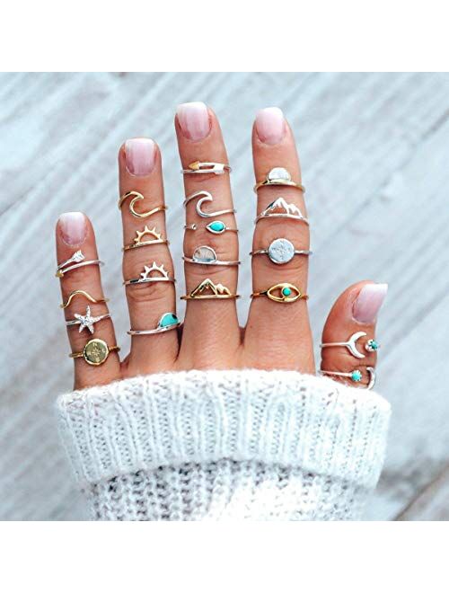 FUTIMELY 19PCS Boho Turquoise Knuckle Stacking Rings for Women Girls Vintage Stackable Star Moon Wave Peak Sea Rhinestone Joint Midi Finger Rings Set