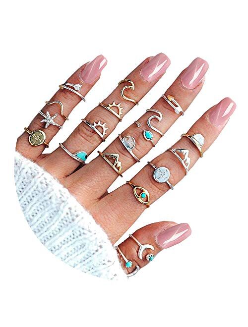 Boho Gold Silver Rings for Women Star Moon Wave Knuckle Ring Sets for Teen Girls Multiple Rings Bulk Pack Bohemian Stackable Midi Finger Rings