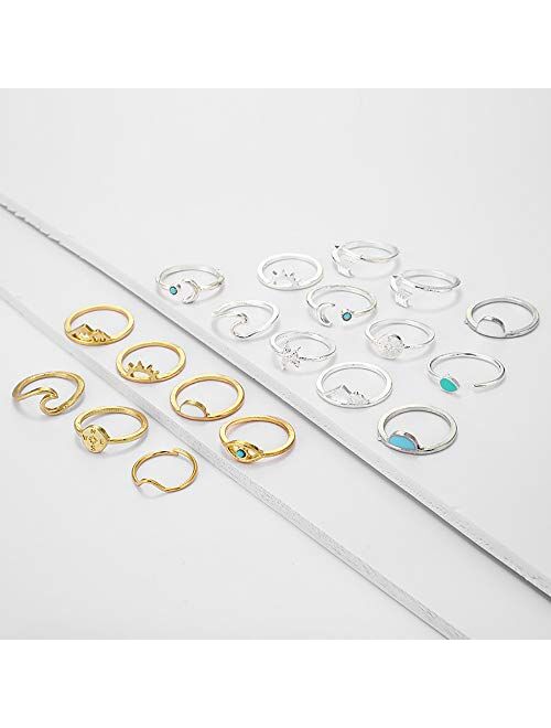 Boho Gold Silver Rings for Women Star Moon Wave Knuckle Ring Sets for Teen Girls Multiple Rings Bulk Pack Bohemian Stackable Midi Finger Rings