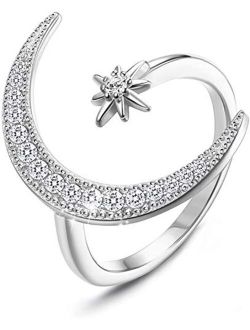 Milacolato Sterling Silver Moon Rings for women Adjustable Platinum Plated 5A Cubic Zirconia Crescent Moon Star Rings