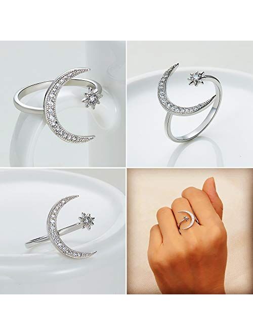 Milacolato Sterling Silver Moon Rings for women Adjustable Platinum Plated 5A Cubic Zirconia Crescent Moon Star Rings
