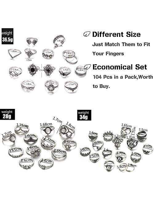 LOLIAS 104 Pcs Vintage Knuckle Ring Set for Women Girls Stackable Rings Set Hollow Carved Flowers (Alloy，104pcs, Adjustable)