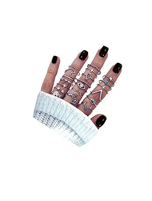 FUTIMELY 20Pcs Bohemian Turquoise Knuckle Rings Set Vintage Stackable Leaf Moon Knot Wave Rhinestone Joint Midi Finger Rings Set for Women Teen Girls