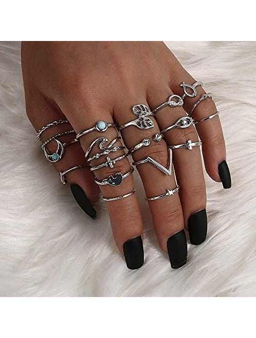 FUTIMELY 20Pcs Bohemian Turquoise Knuckle Rings Set Vintage Stackable Leaf Moon Knot Wave Rhinestone Joint Midi Finger Rings Set for Women Teen Girls