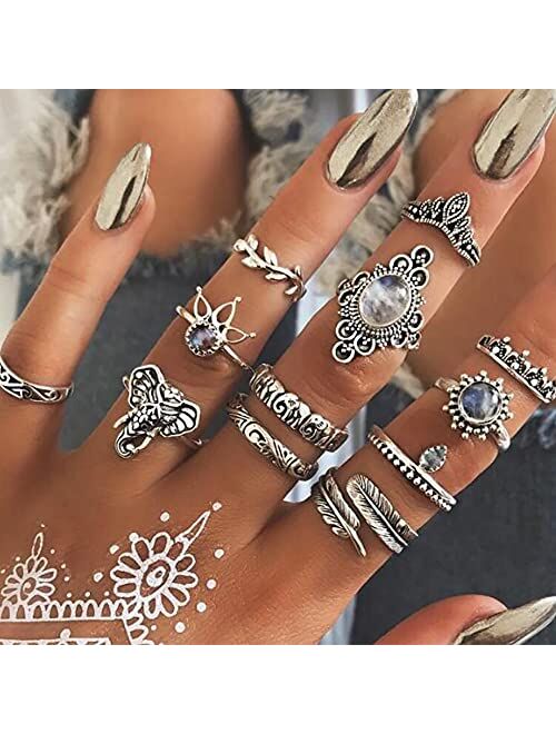 80Pcs Vintage Silver Knuckle Rings Set,Stackable Midi Finger Rings,Bohemian Punk Snake Butterfly Elephant Feather Rings Set for Women Men Teen Girls Fashion Rings Pack Je
