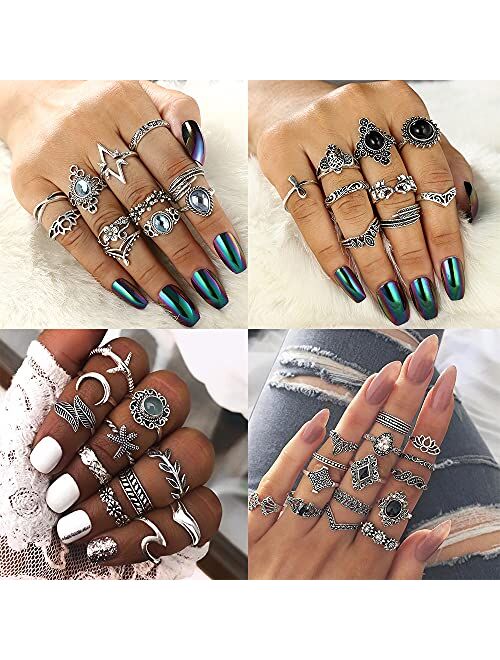80Pcs Vintage Silver Knuckle Rings Set,Stackable Midi Finger Rings,Bohemian Punk Snake Butterfly Elephant Feather Rings Set for Women Men Teen Girls Fashion Rings Pack Je
