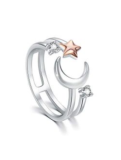 Moon Ring for Women 925 Sterling Silver Crescent Moon star Ring Adjustable Open Ring Jewelry Gift for Birthday