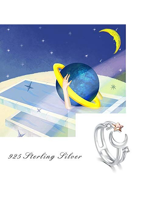 Moon Ring for Women 925 Sterling Silver Crescent Moon star Ring Adjustable Open Ring Jewelry Gift for Birthday