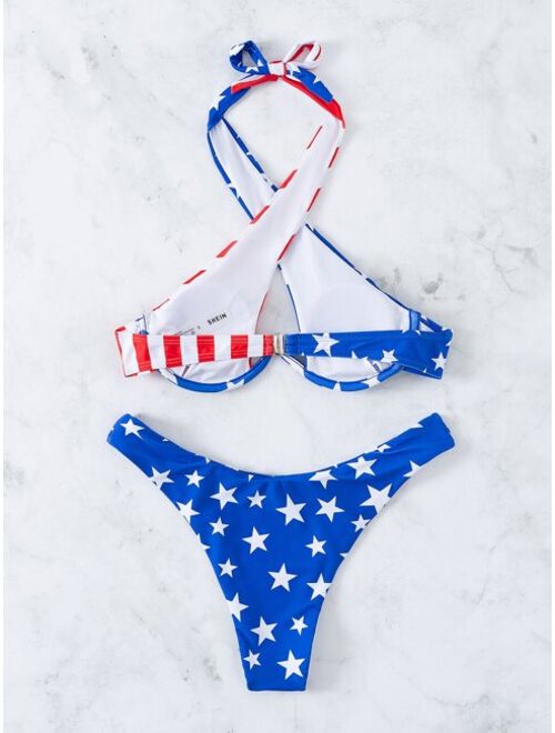 Shein American Flag Print Cross Halter Underwire Bikini Swimsuit