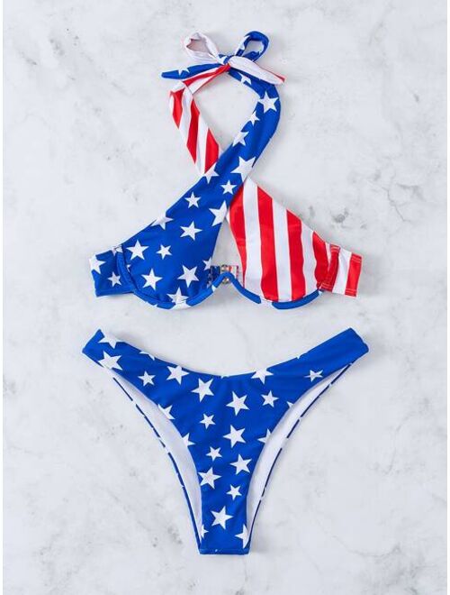 Shein American Flag Print Cross Halter Underwire Bikini Swimsuit