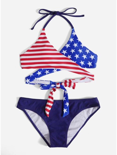 Shein Star and Stripes Print Criss Cross Bikini Swimsuit