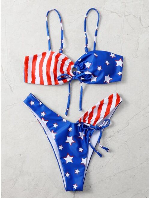 Shein American Flag Print High Cut Bikini Swimsuit